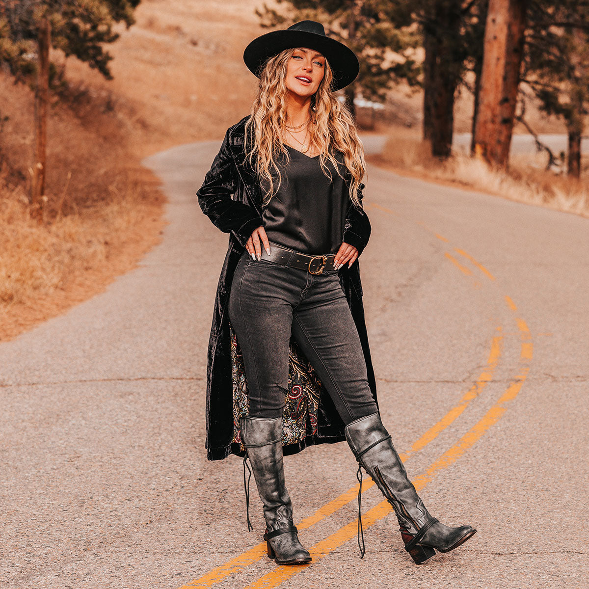  FREEBIRD women’s Coal black leather knee high adjustable back lacing boot lifestyle image