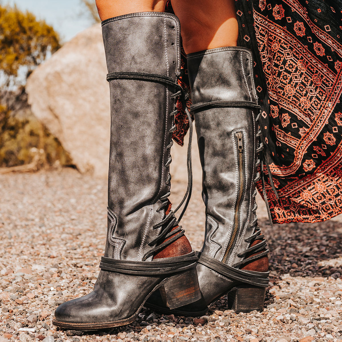 FREEBIRD women’s Coal black leather knee high adjustable back lacing boot 