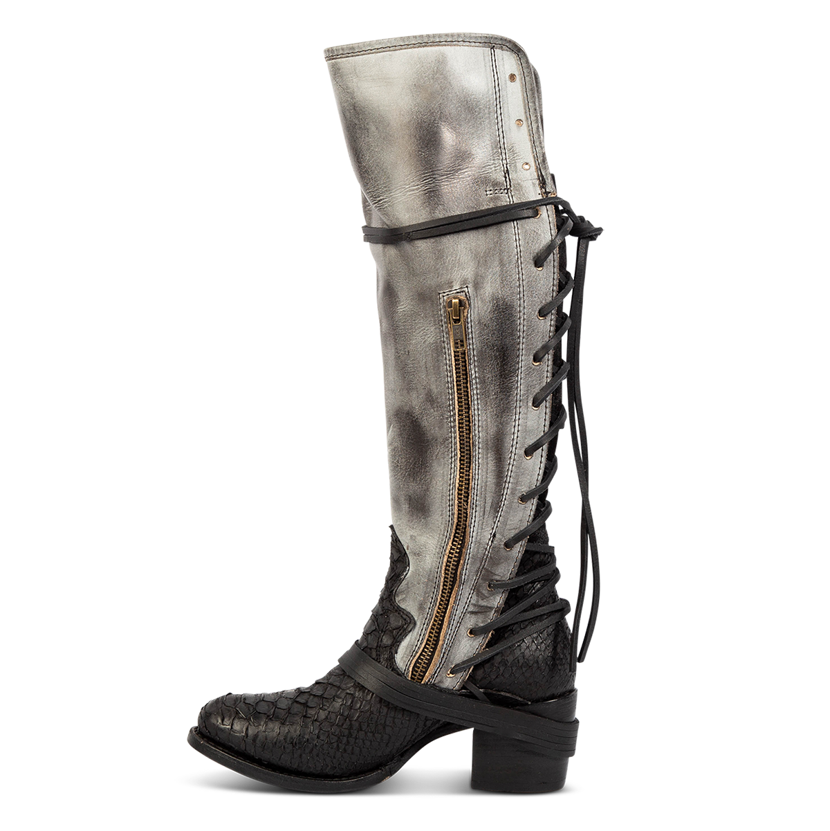 Inside view showing working brass zip closure and adjustable wrap around laces on FREEBIRD women's Coal black python leather tall boot