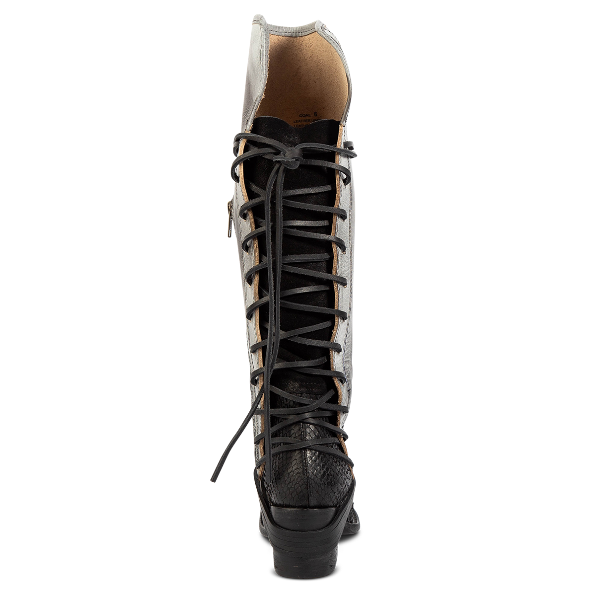 Back view showing expandable panel with adjustable leather lacing on FREEBIRD women's Coal black python leather tall boot
