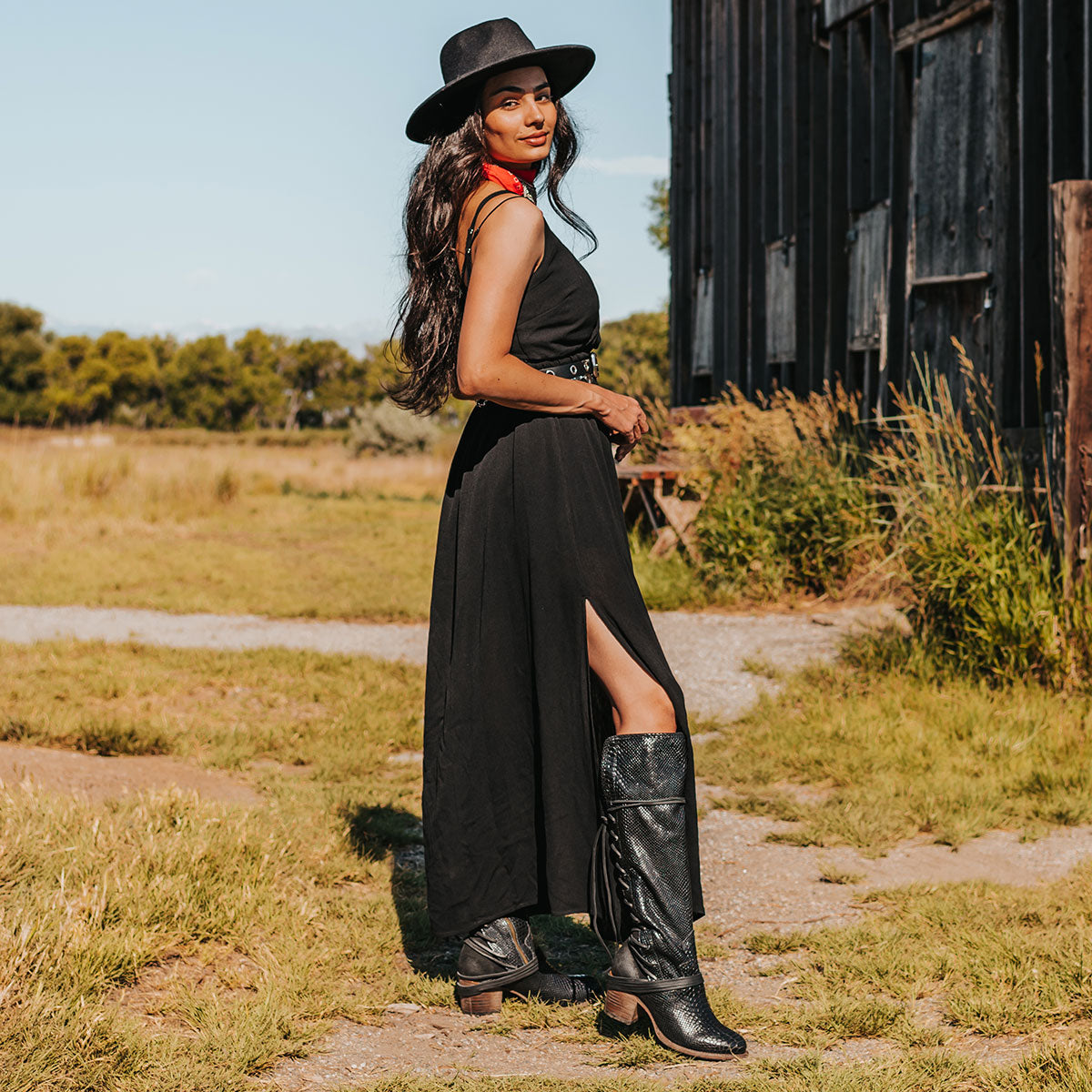 FREEBIRD women’s Coal black snake leather knee high adjustable back lacing boot lifestyle