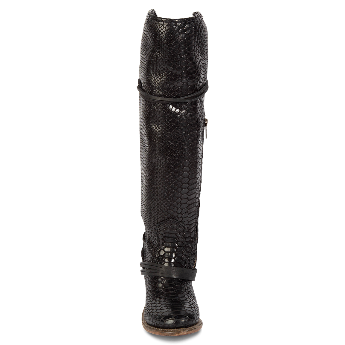 Front view showing shaft stitch detailing and wrap around lacing on FREEBIRD women's Coal black snake embossed leather tall boot 