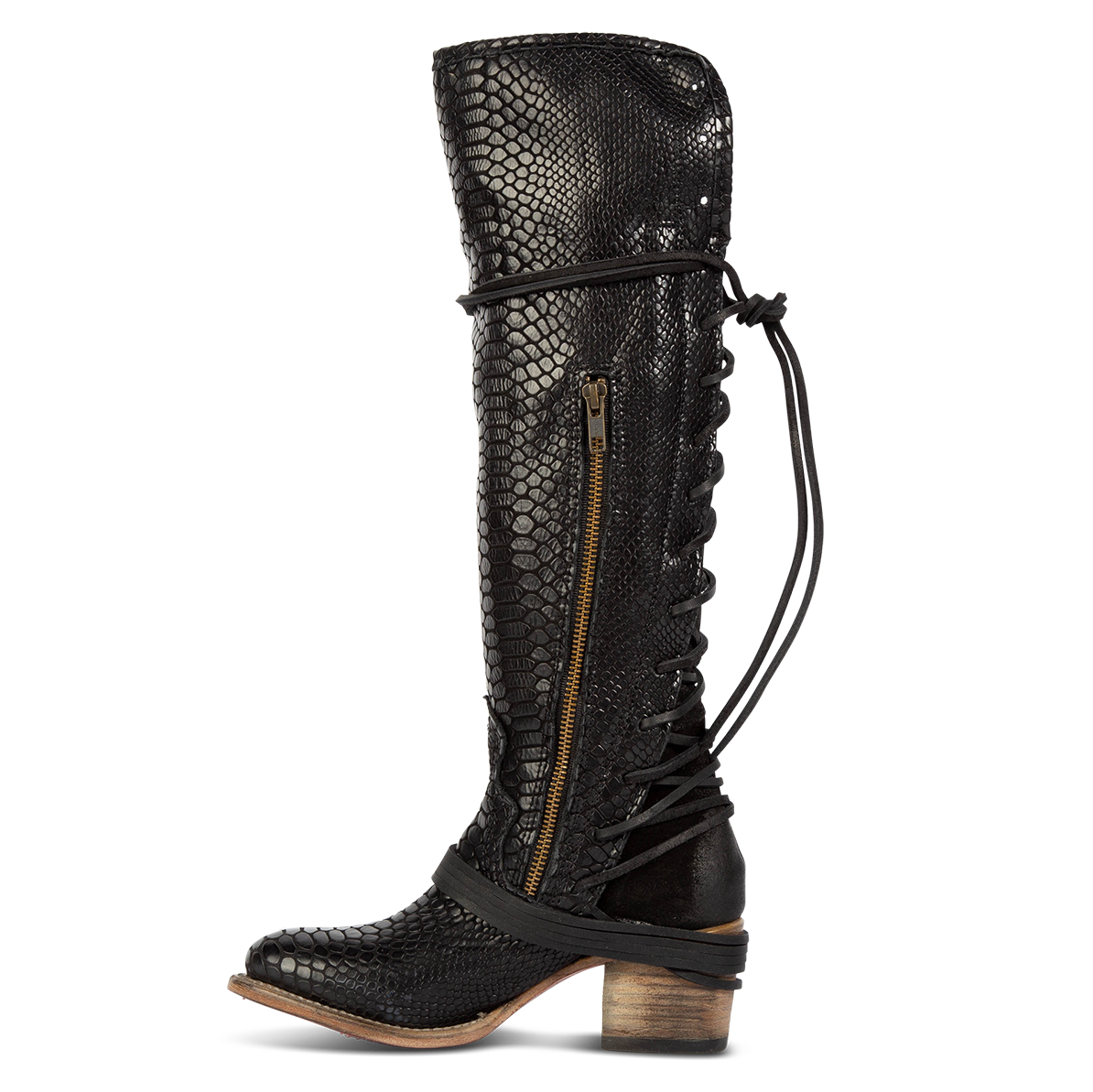 Inside view showing working brass zip closure and adjustable wrap around laces on FREEBIRD women's Coal black snake embossed leather tall boot 
