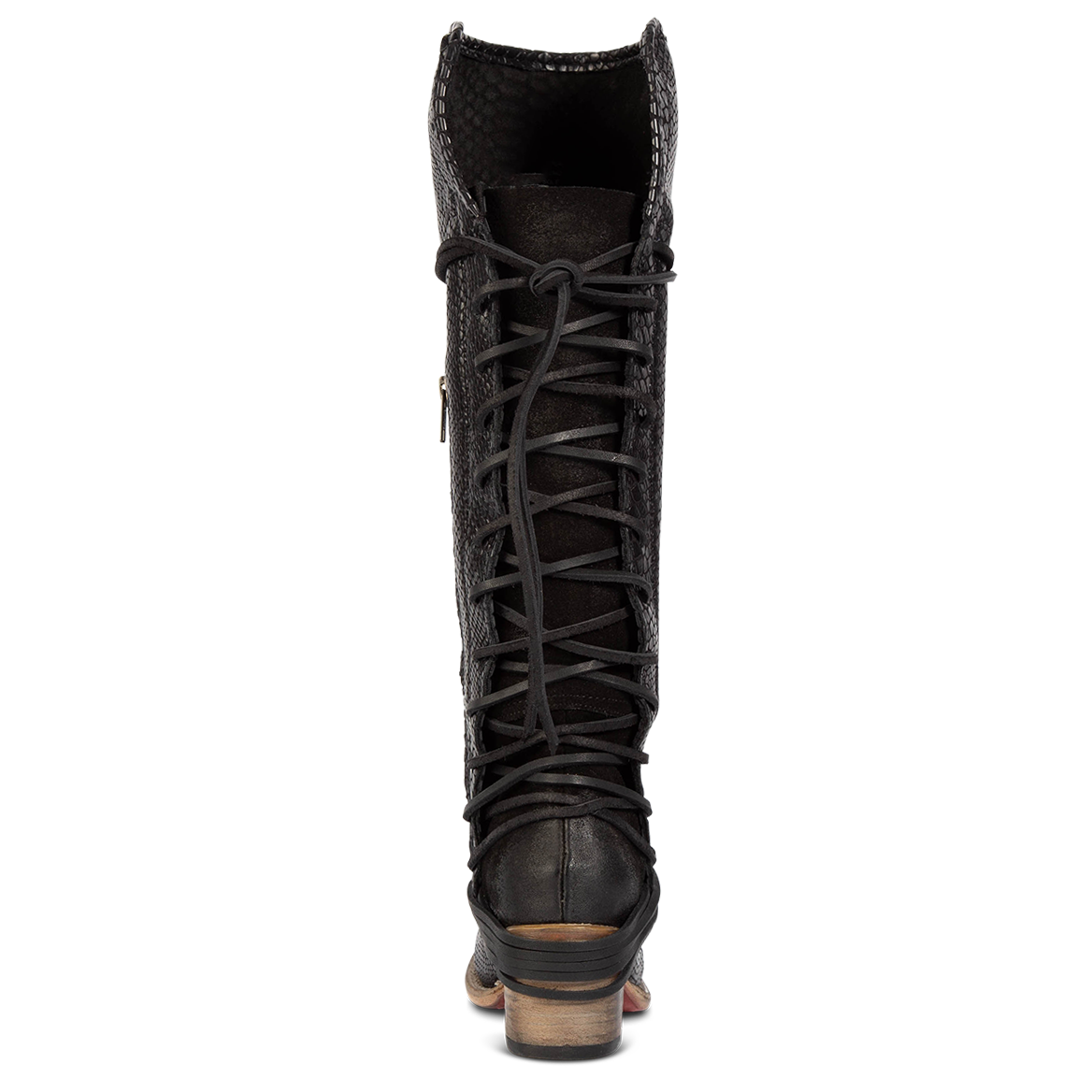 Back view showing expandable panel with adjustable leather lacing on FREEBIRD women's Coal black snake embossed leather tall boot 