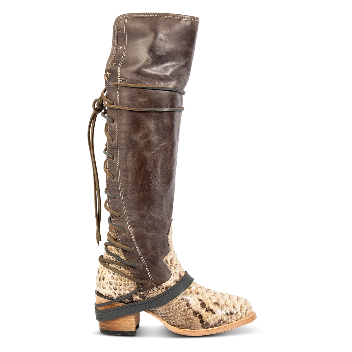 FREEBIRD women’s Coal black/beige python leather knee high adjustable back lacing boot