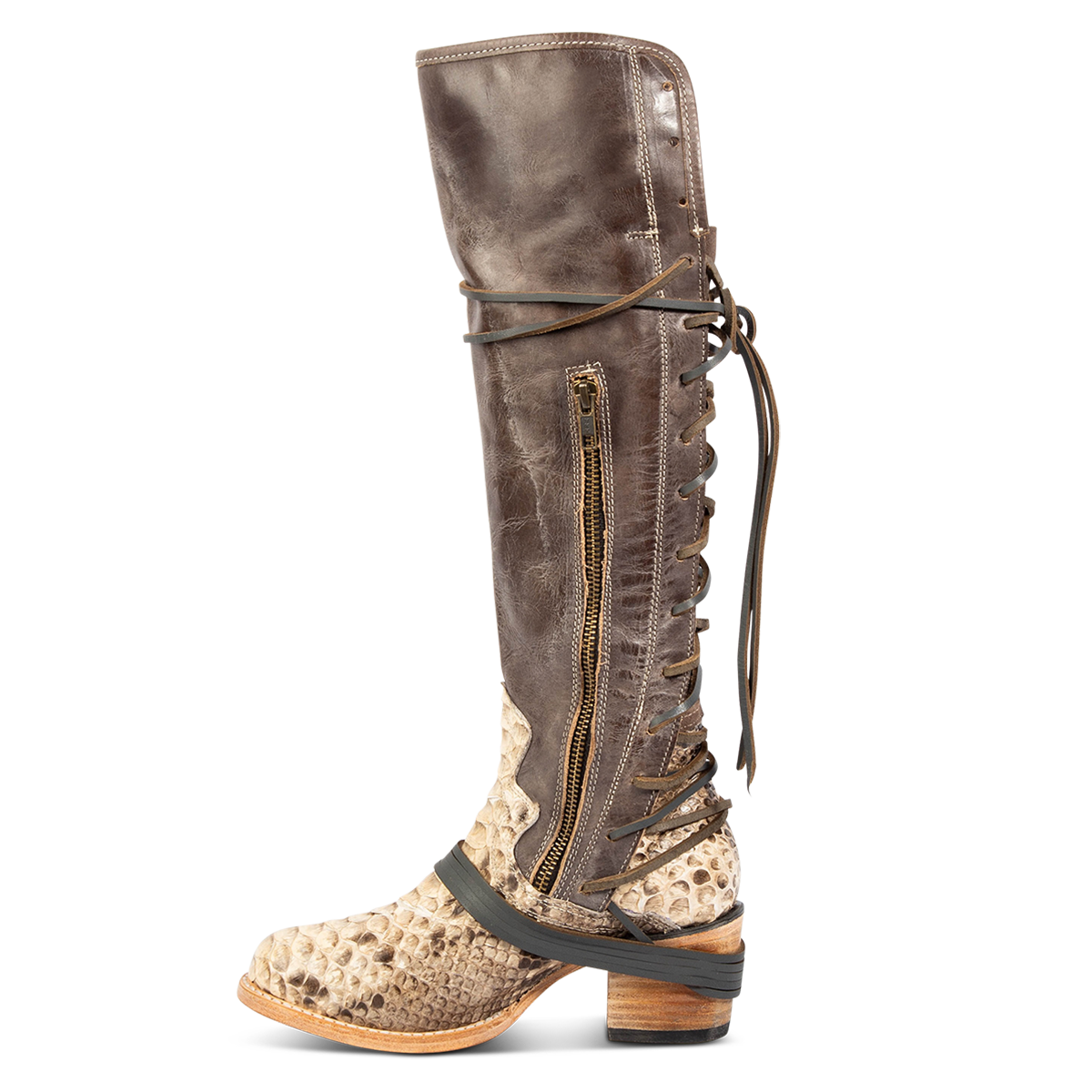 Inside view showing working brass zip closure and adjustable wrap around laces on FREEBIRD women's Coal black/beige python leather tall boot
