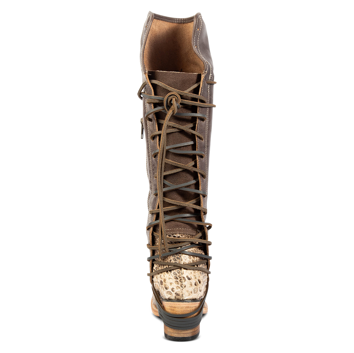 Back view showing expandable panel with adjustable leather lacing on FREEBIRD women's Coal black/beige python leather tall boot 