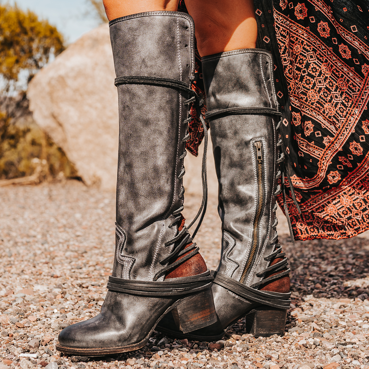 FREEBIRD women’s Coal black leather knee high adjustable back lacing boot