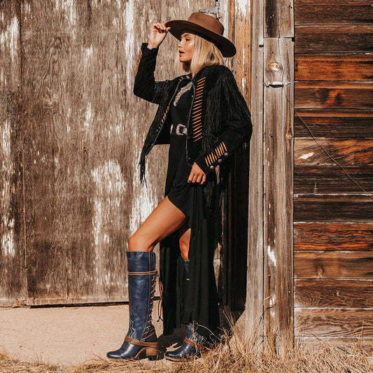 FREEBIRD women’s Coal blue leather knee high adjustable back lacing boot lifestyle image