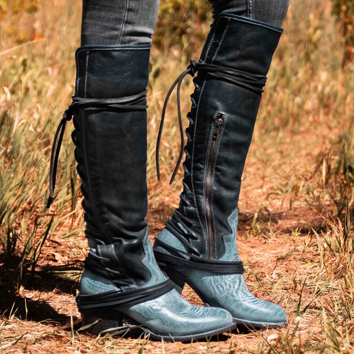 FREEBIRD women's Coal blue multi with wrap around lacing, embossed vamp detailing and low heel