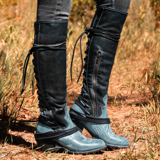 FREEBIRD women's Coal blue multi with wrap around lacing, embossed vamp detailing and low heel