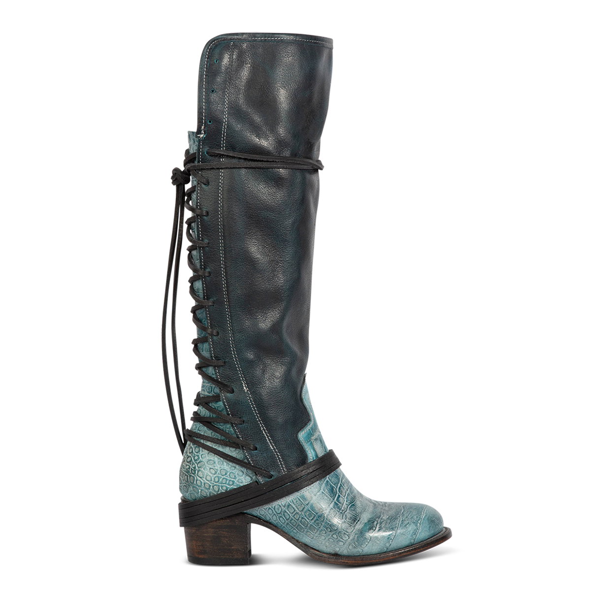 FREEBIRD women's Coal blue multi with wrap around lacing, embossed vamp detailing and low heel