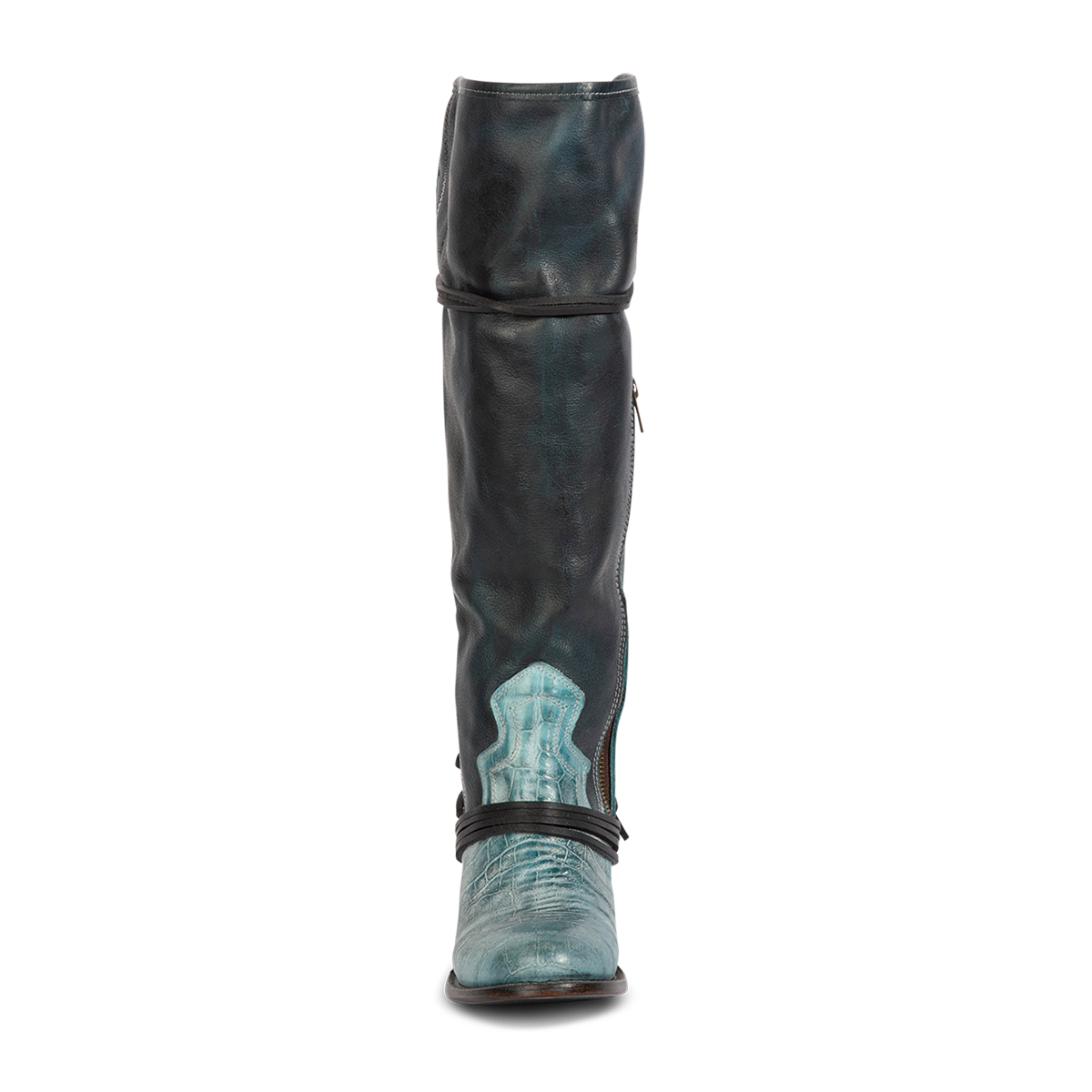 Front view showing shaft stitch detailing and wrap around lacing on FREEBIRD women's Coal blue multi tall boot