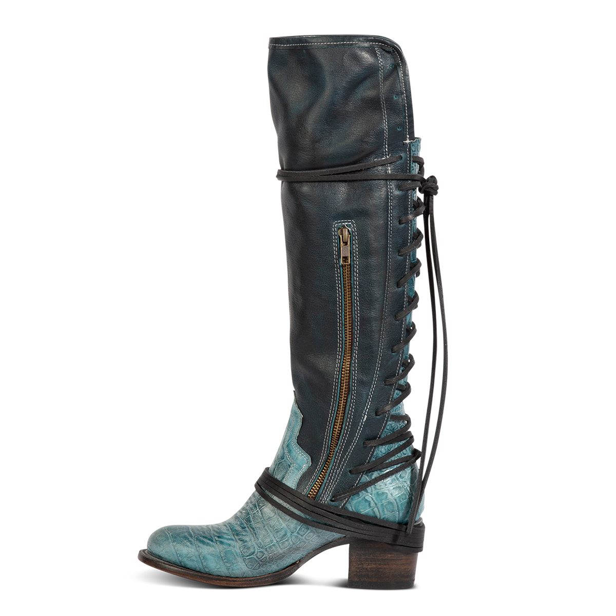 Inside view showing working brass zip closure and adjustable wrap around laces on FREEBIRD women's Coal blue multi tall boot