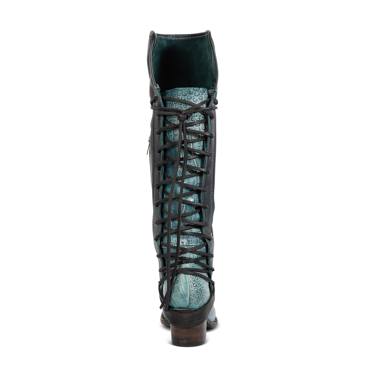 Back view showing expandable panel with adjustable leather lacing on FREEBIRD women's Coal blue multi tall boot