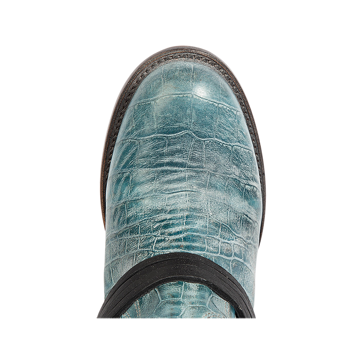 Top view showing round toe and leather ankle lacing on FREEBIRD women's Coal blue multi tall boot