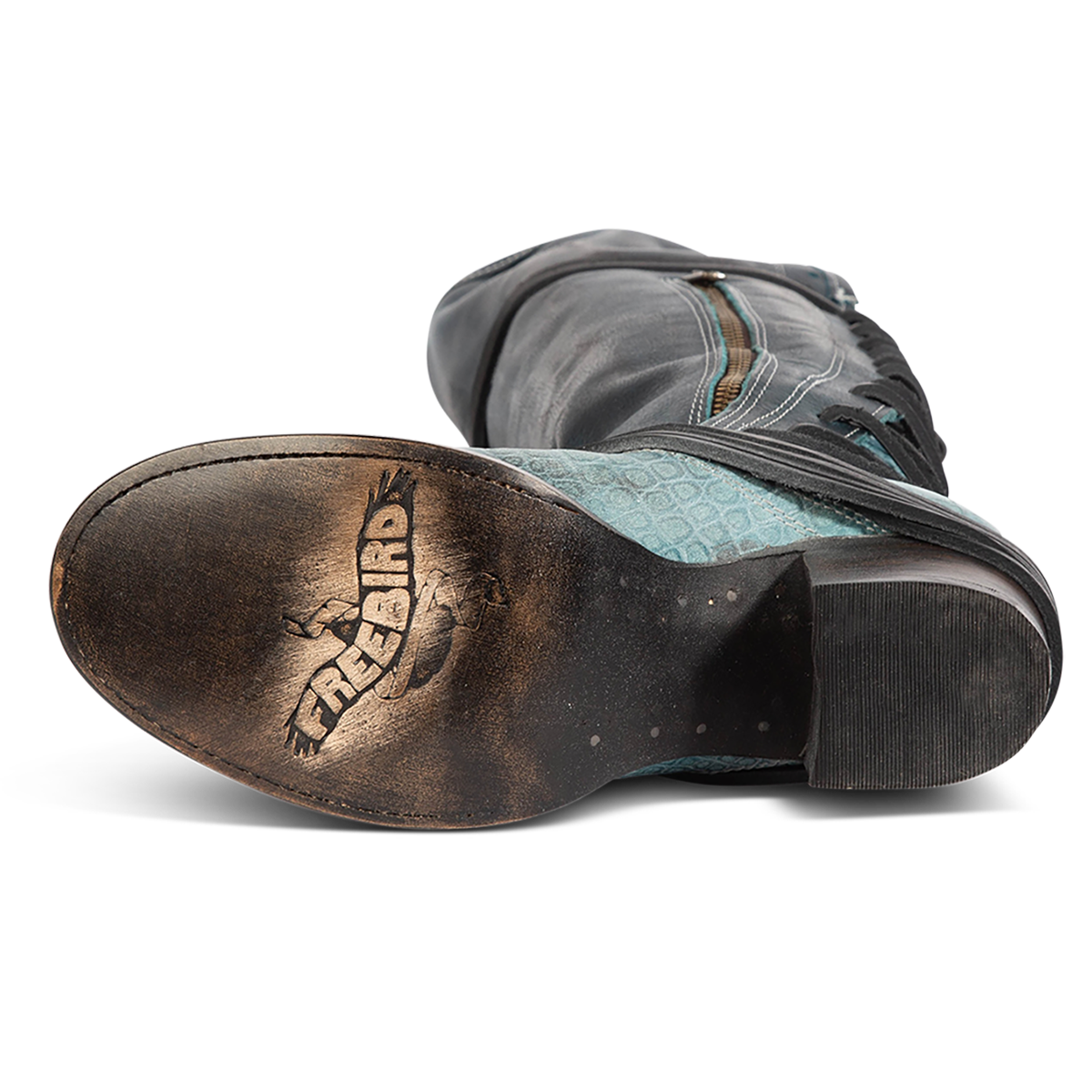 Leather sole imprinted with FREEBIRD on women's Coal blue multi tall boot