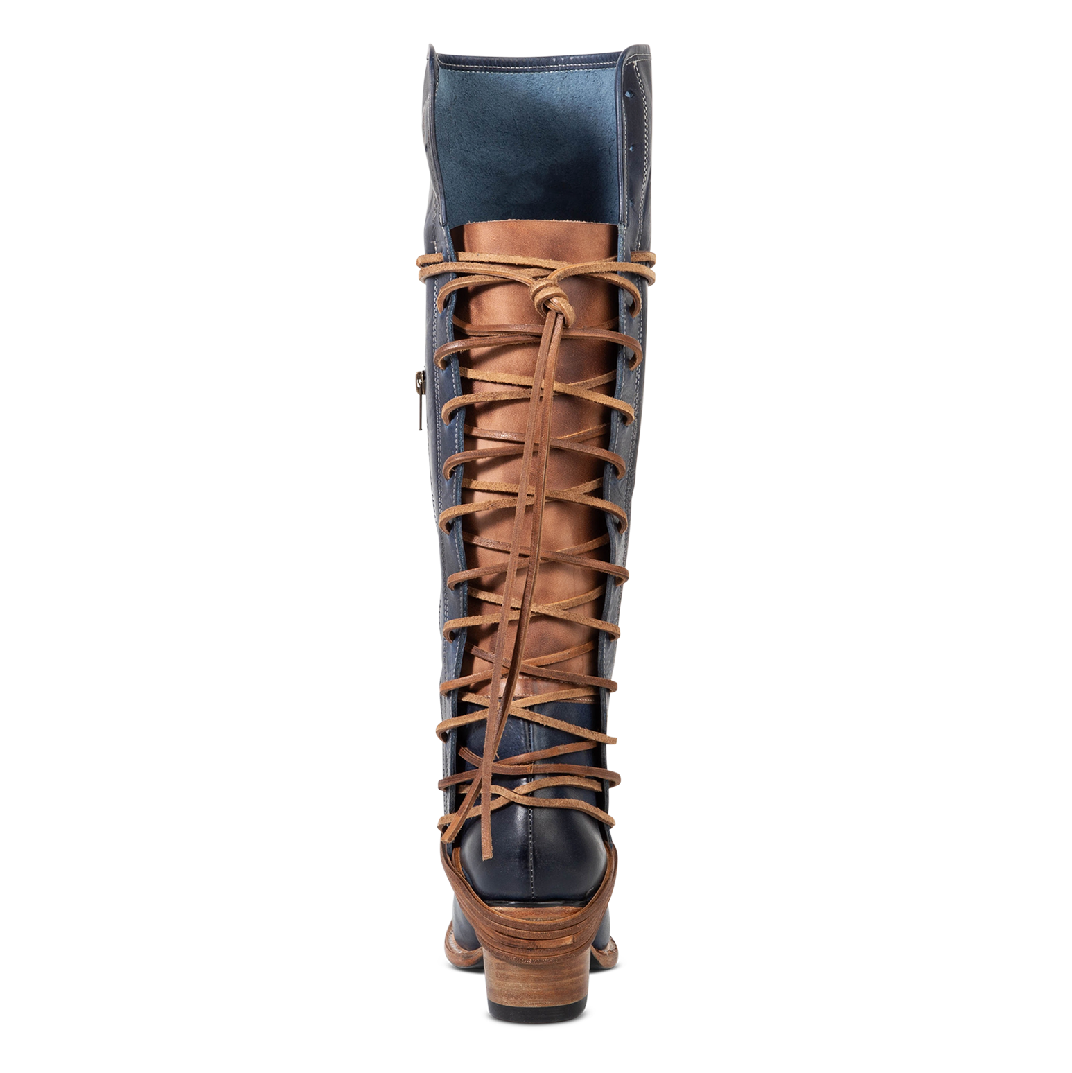 Back view showing expandable panel with adjustable leather lacing on FREEBIRD women's Coal blue tall boot