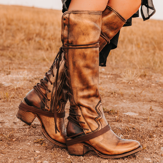 FREEBIRD women’s Coal bronze leather knee high adjustable back lacing boot