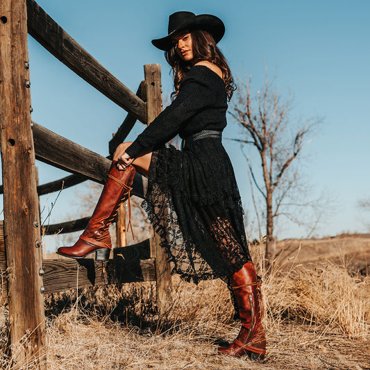 FREEBIRD women’s Coal cognac leather knee high adjustable back lacing boot lifestyle