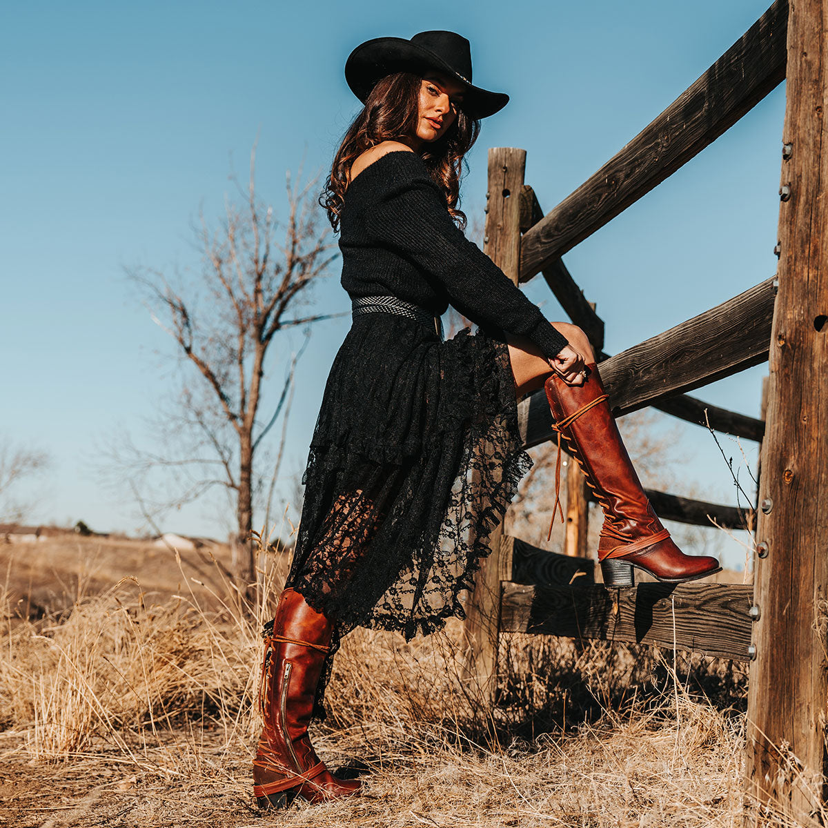 FREEBIRD women’s Coal cognac leather knee high adjustable back lacing boot  lifestyle image