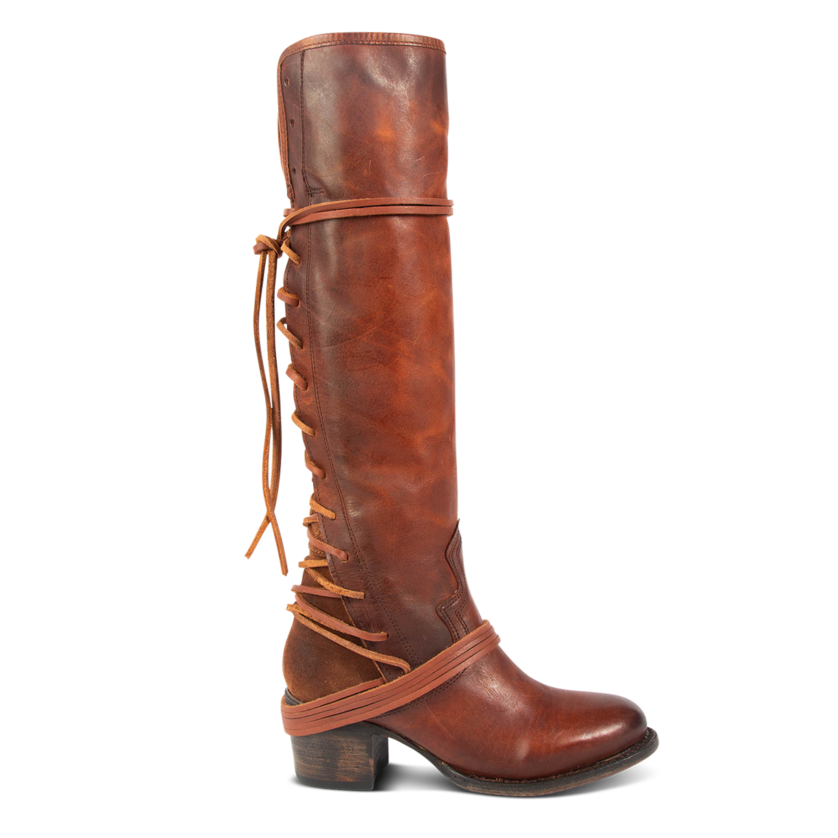 coal back lace up adjustable wide calf leather boot cognac