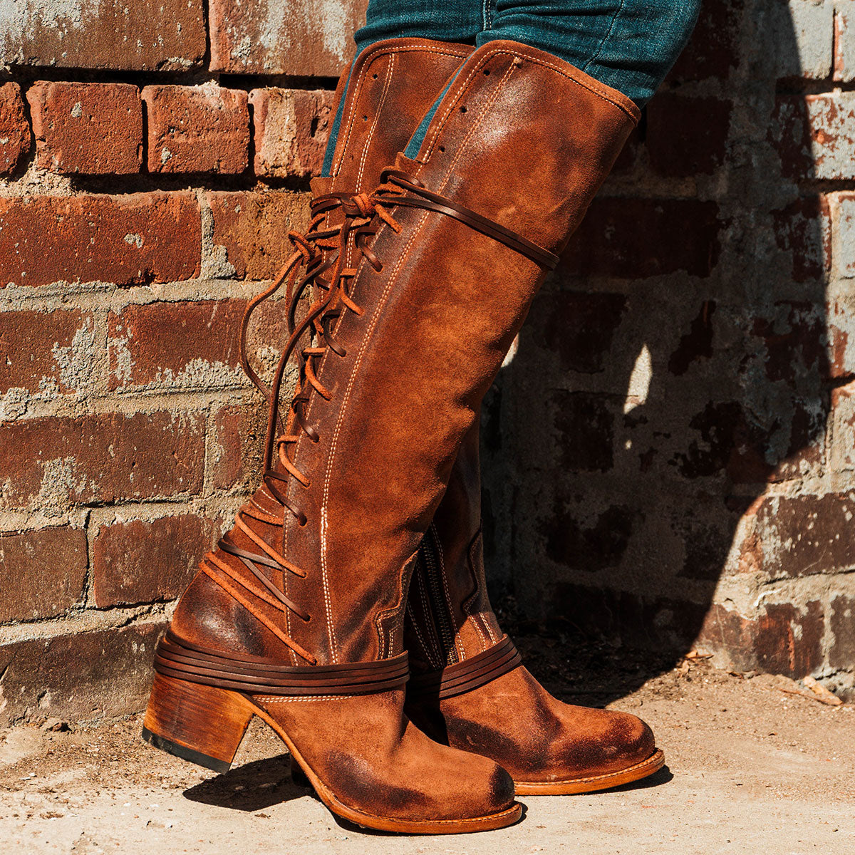 FREEBIRD women’s Coal cognac suede leather knee high adjustable back lacing boot