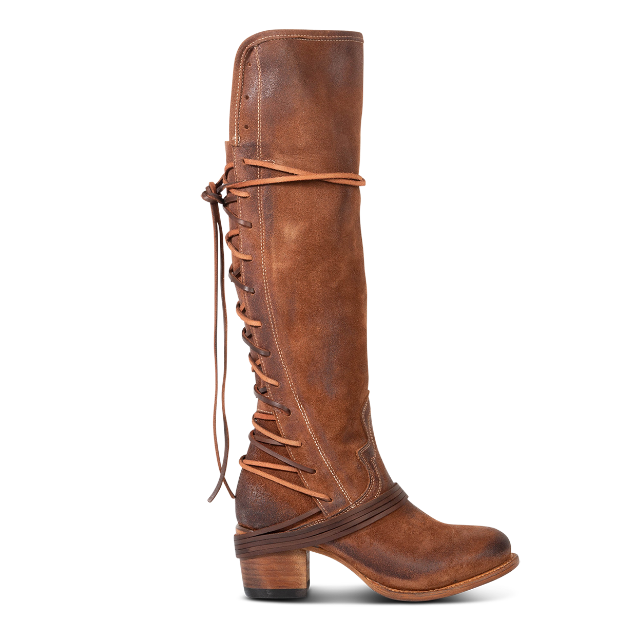 FREEBIRD women’s Coal cognac suede leather knee high adjustable back lacing boot