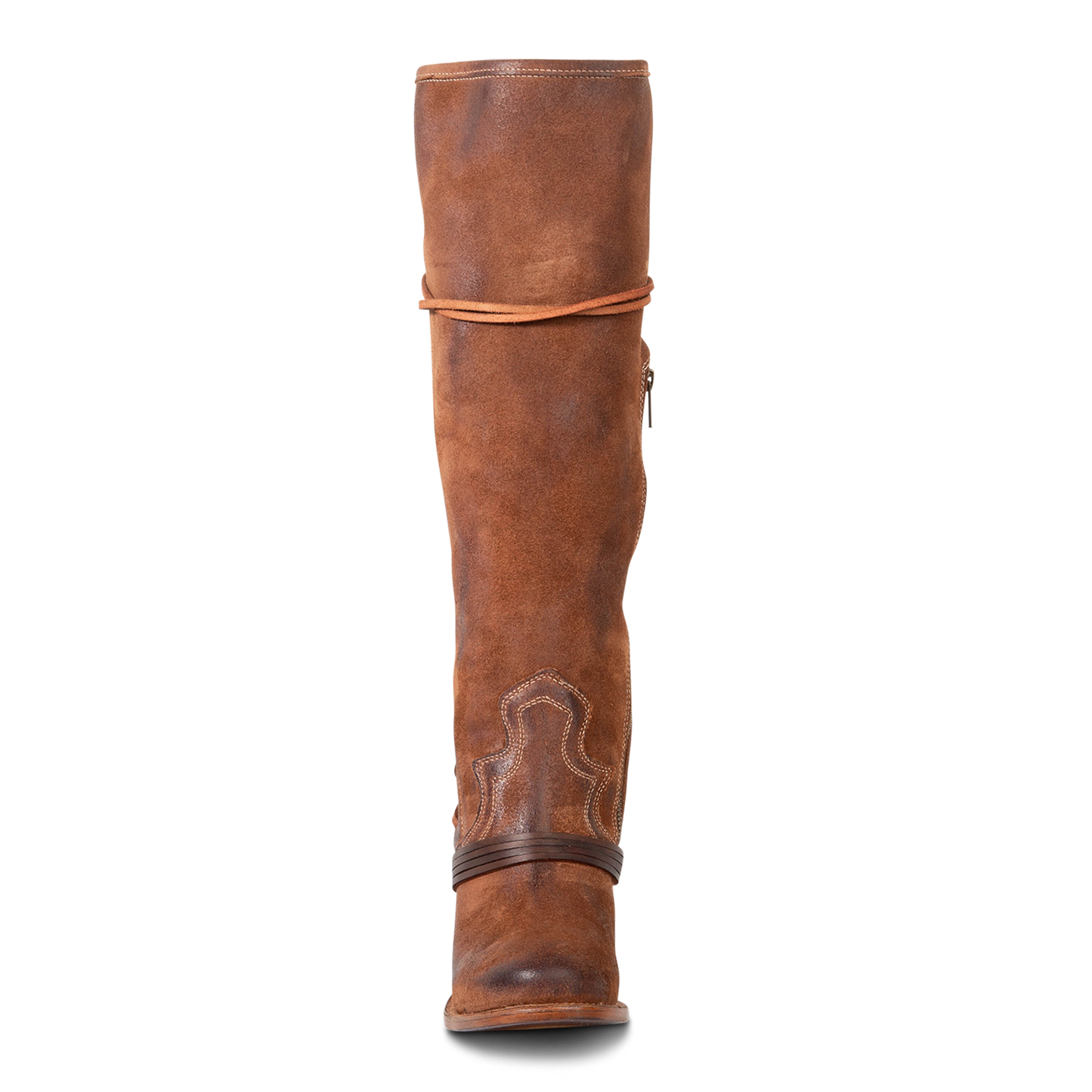 Front view showing shaft stitch detailing and wrap around lacing on FREEBIRD women's Coal cognac suede tall boot