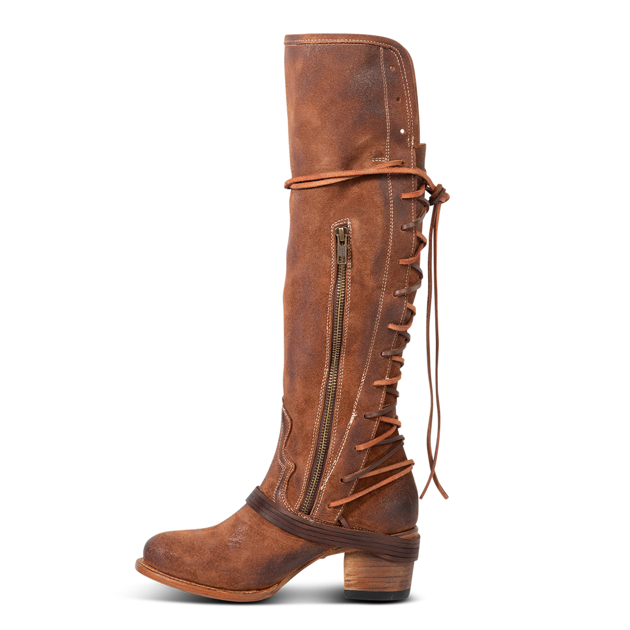 Inside view showing working brass zip closure and adjustable wrap around laces on FREEBIRD women's Coal cognac suede  tall boot