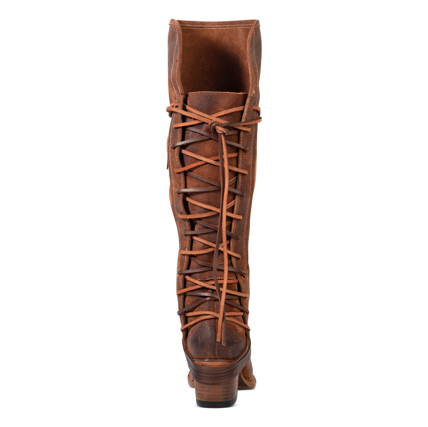 Back view showing expandable panel with adjustable leather lacing on FREEBIRD women's Coal cognac suede tall boot