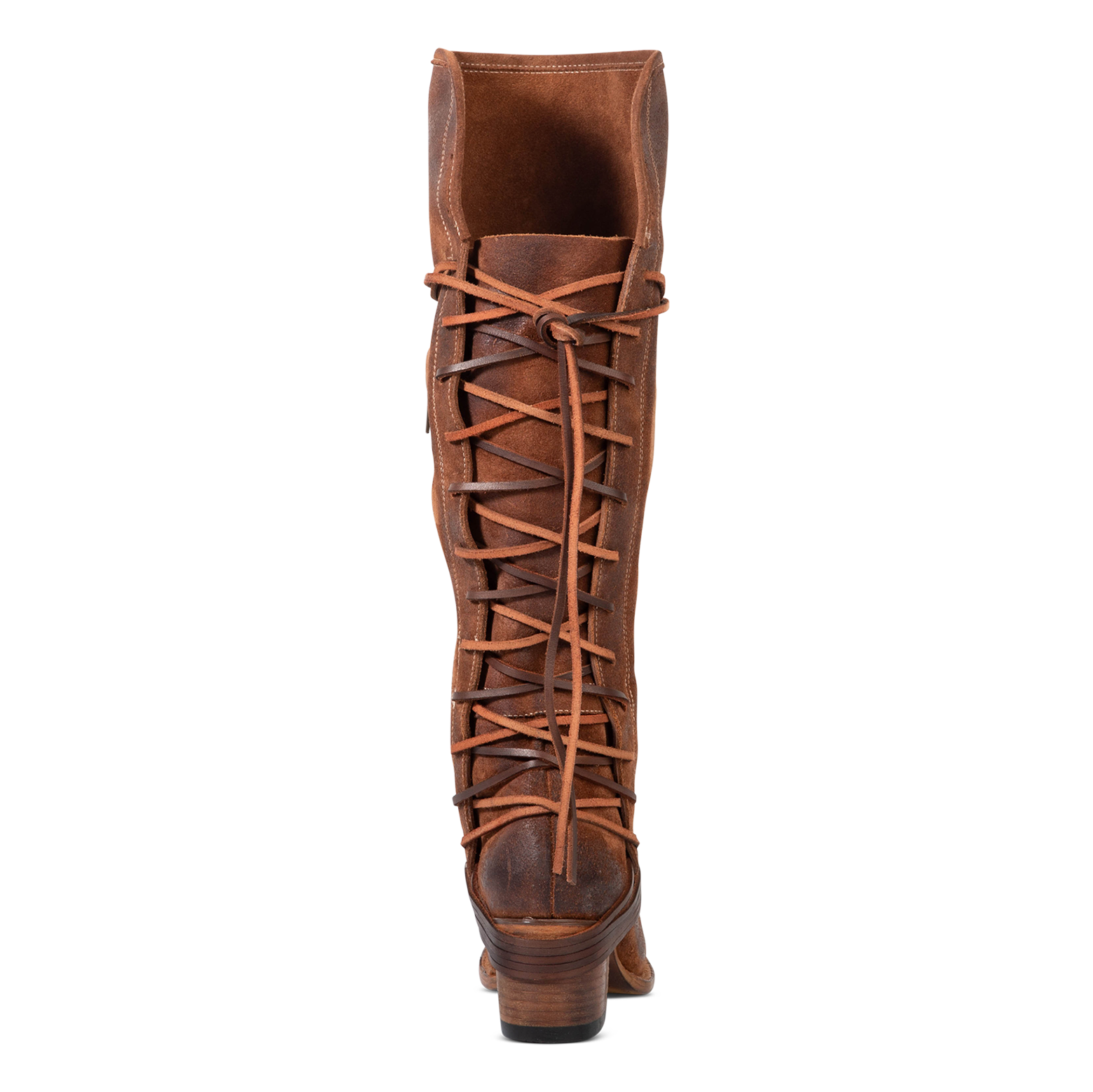Back view showing expandable panel with adjustable leather lacing on FREEBIRD women's Coal cognac suede tall boot
