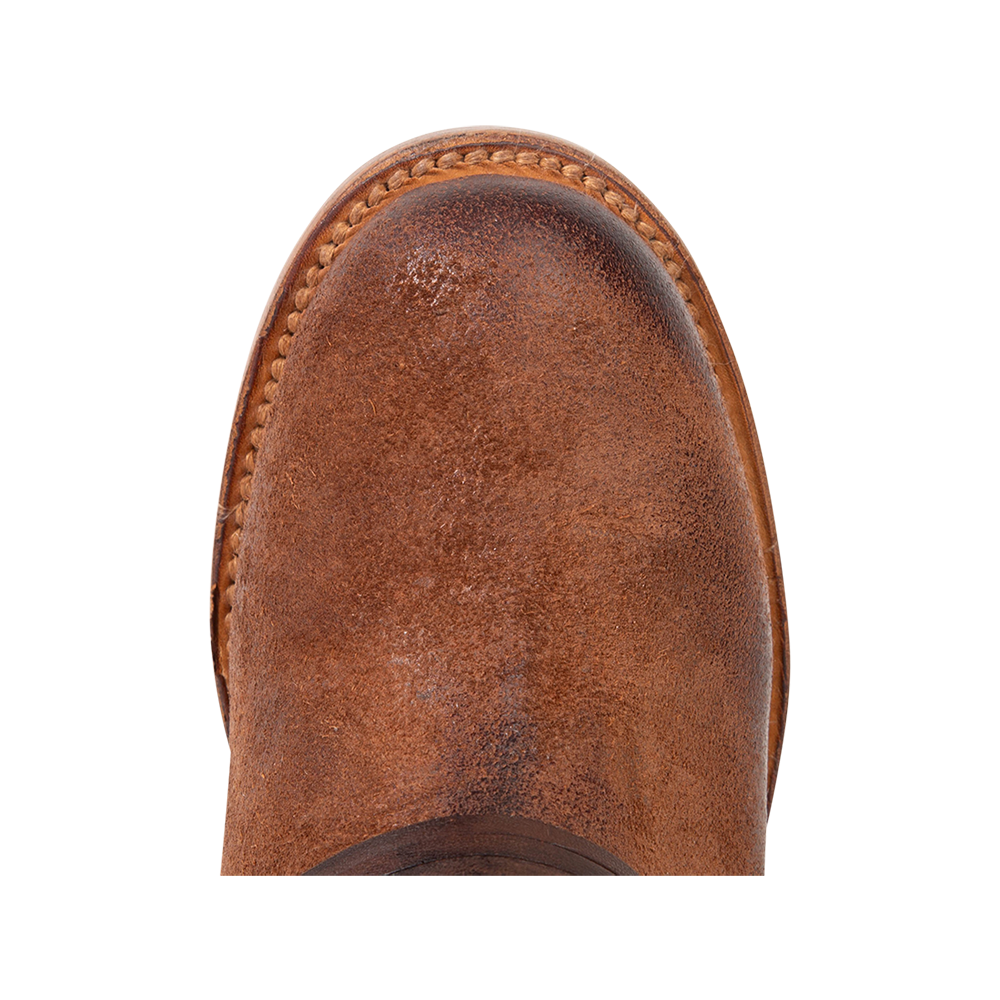 Top view showing round toe and leather ankle lacing on FREEBIRD women's Coal cognac suede tall boot