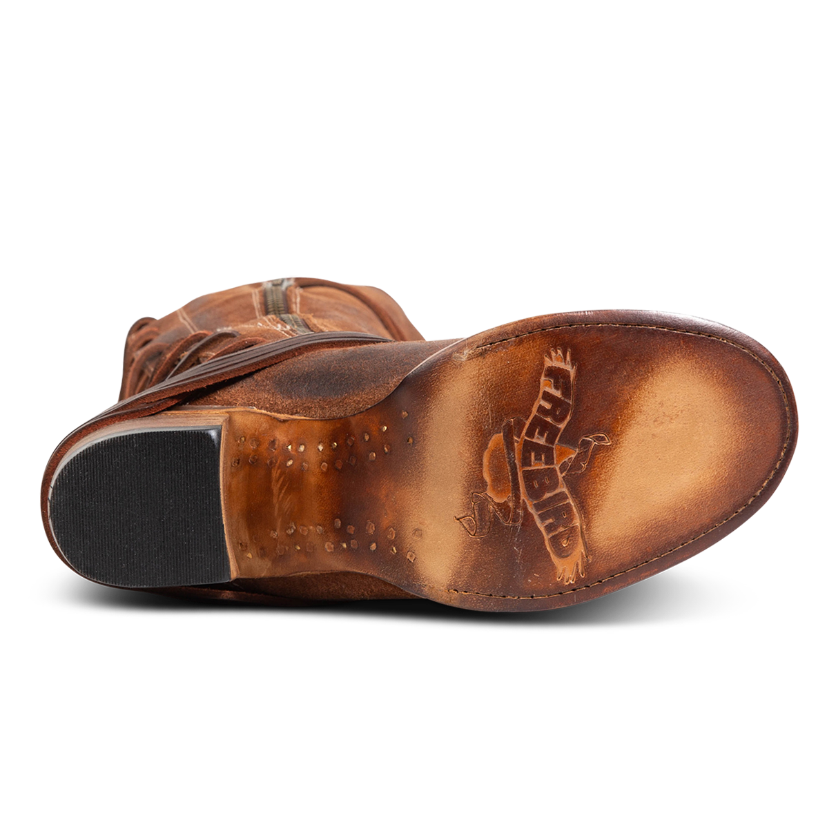 Leather sole imprinted with FREEBIRD on women's Coal cognac suede tall boot