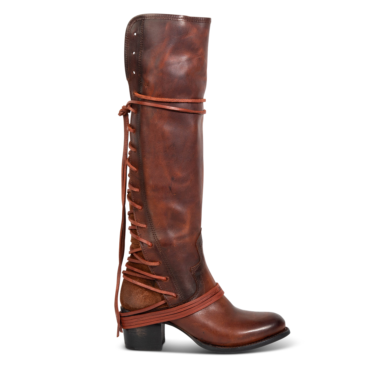 FREEBIRD women’s Coal cognac leather knee high adjustable back lacing boot 