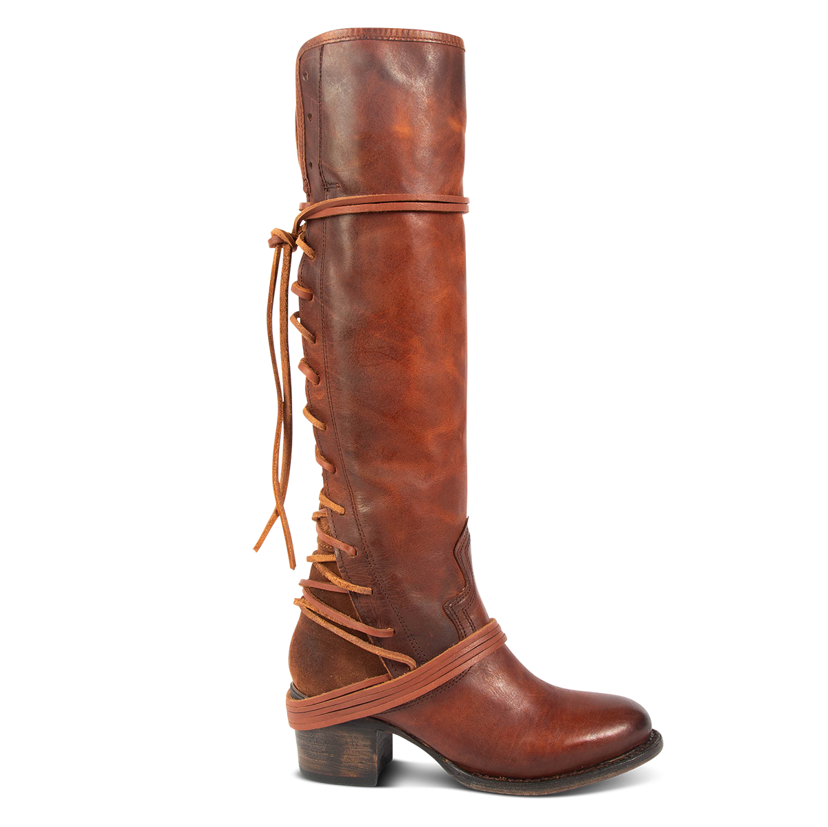 FREEBIRD women’s Coal cognac leather knee high adjustable back lacing boot 