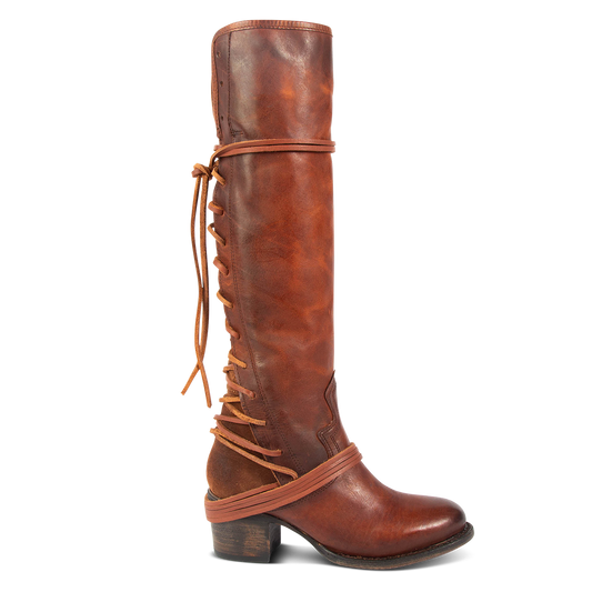 FREEBIRD women’s Coal cognac leather knee high adjustable back lacing boot 