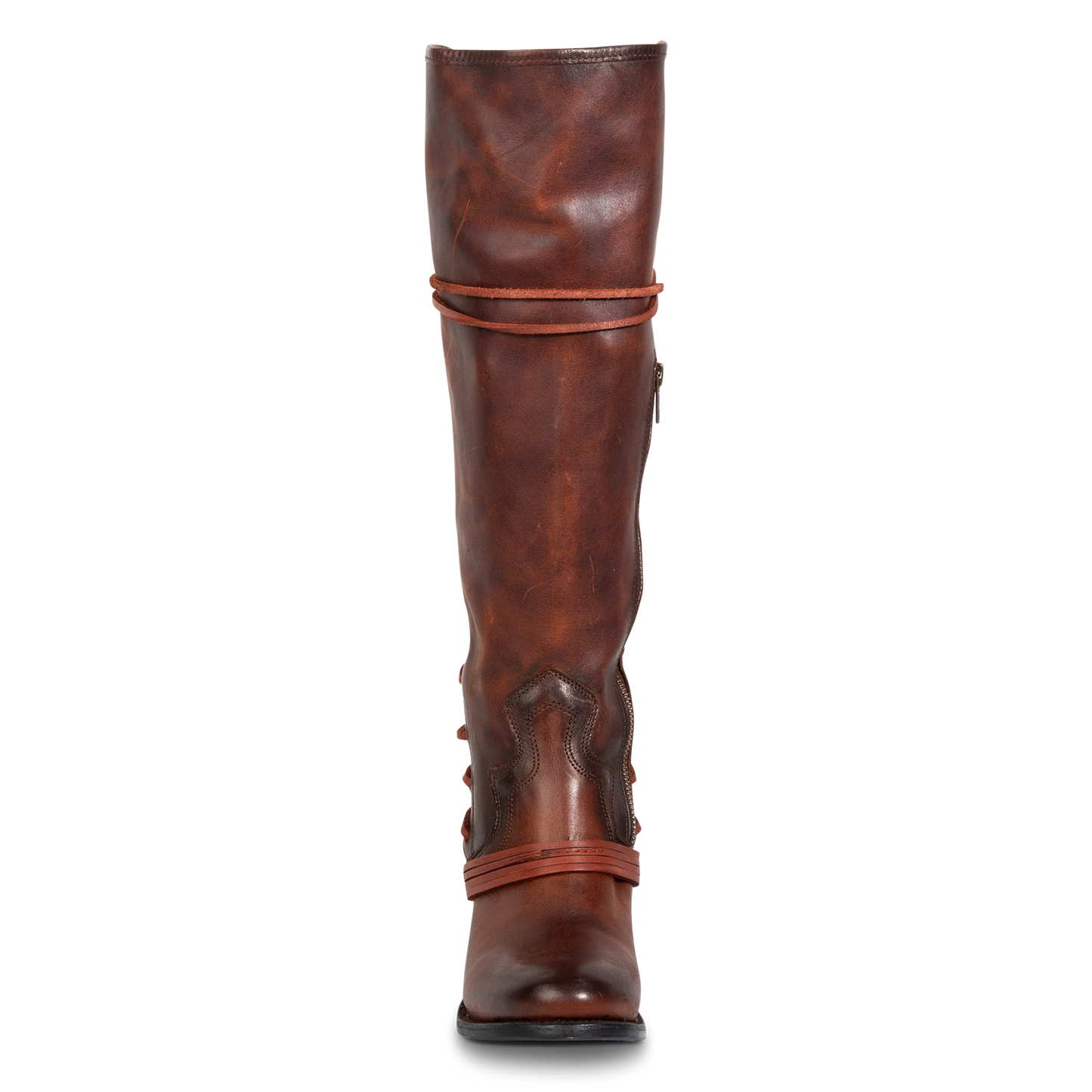 Front view showing shaft stitch detailing and wrap around lacing on FREEBIRD women's Coal cognac tall boot