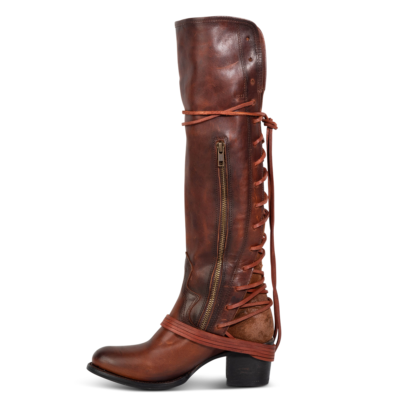Inside view showing working brass zip closure and adjustable wrap around laces on FREEBIRD women's Coal cognac tall boot