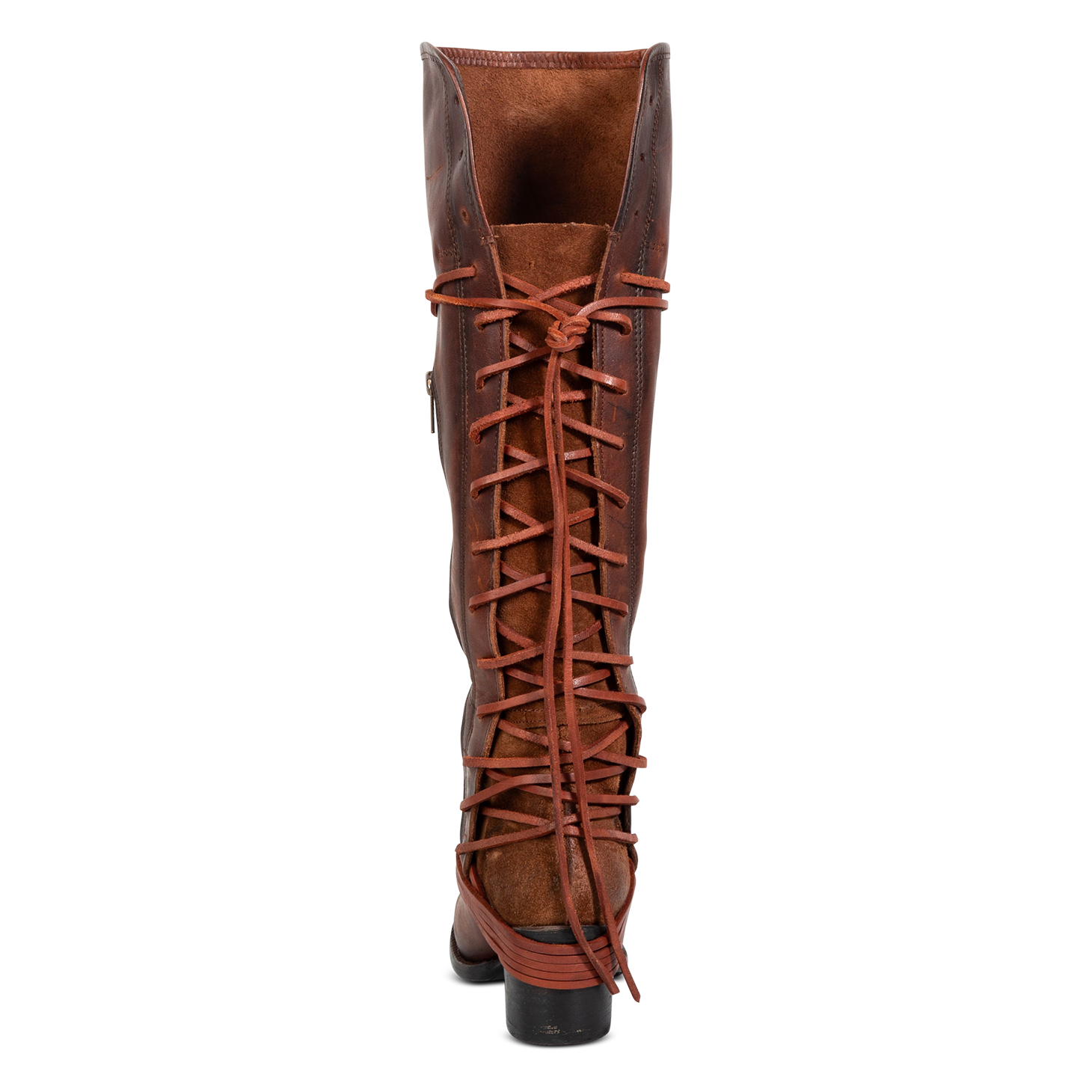Back view showing expandable panel with adjustable leather lacing on FREEBIRD women's Coal cognac tall boot