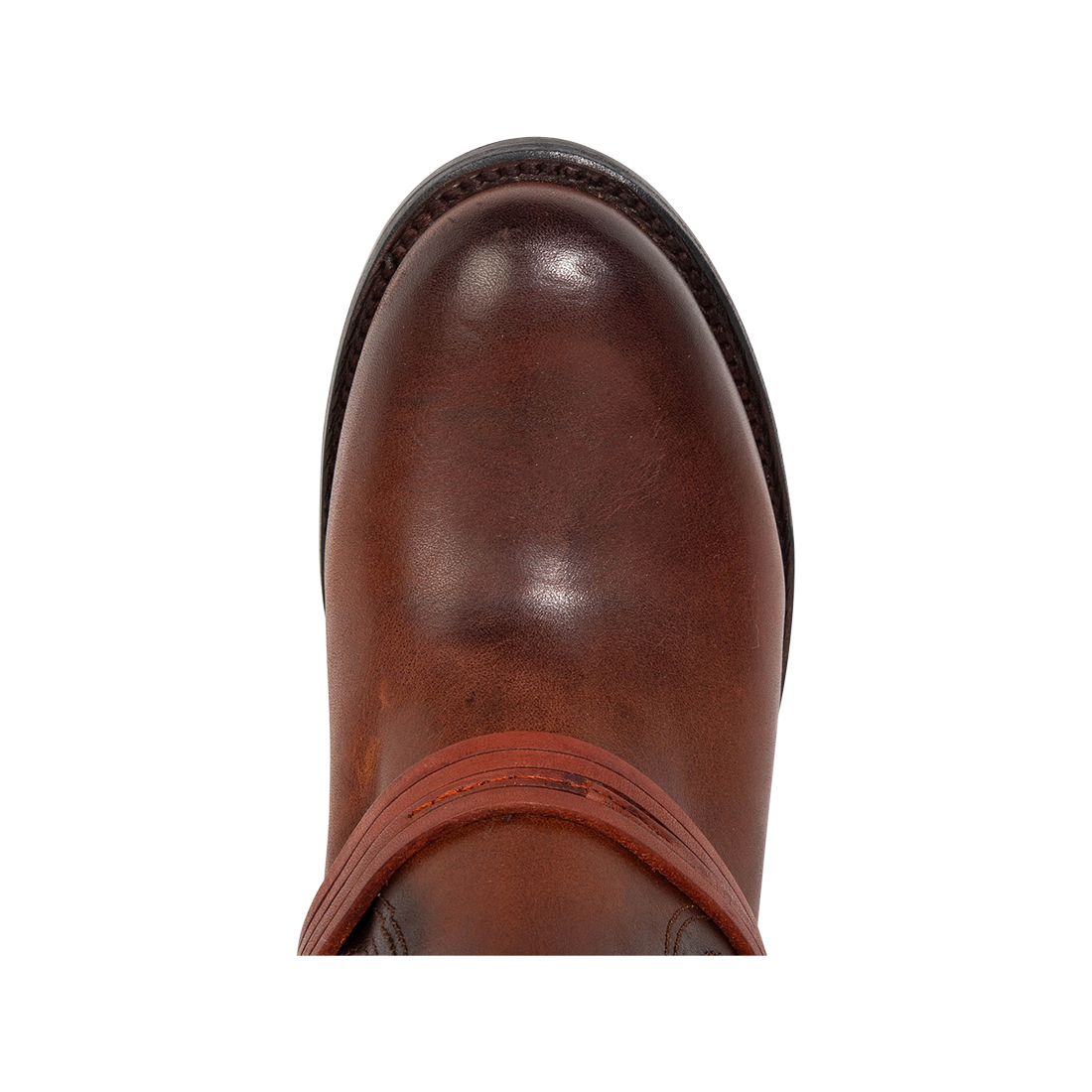 Top view showing round toe and leather ankle lacing on FREEBIRD women's Coal cognac tall boot
