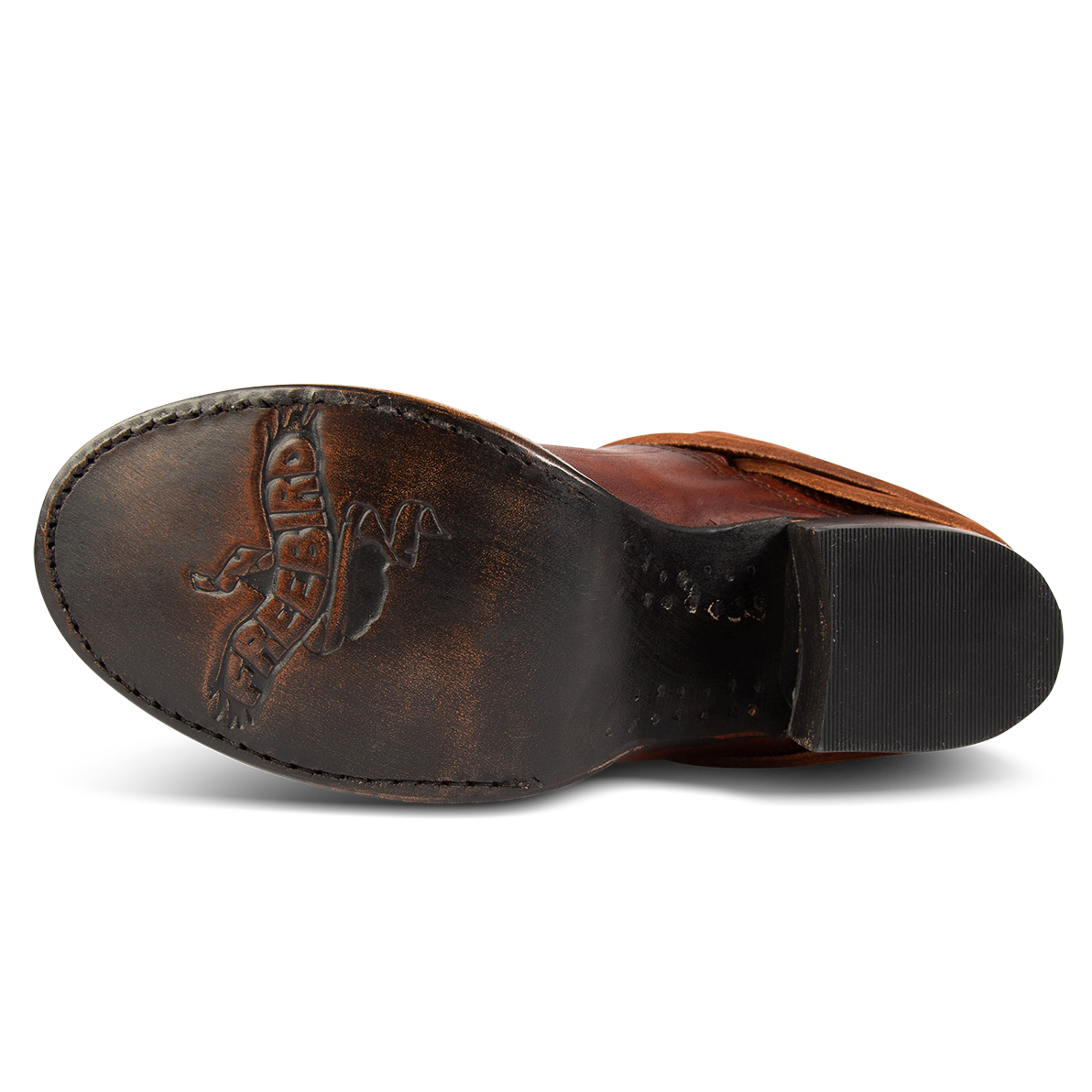 Leather sole imprinted with FREEBIRD on women's Coal cognac leather boot