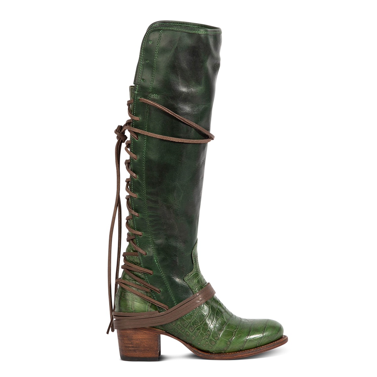 Front view showing shaft stitch detailing and wrap around lacing on FREEBIRD women's Coal green multi 