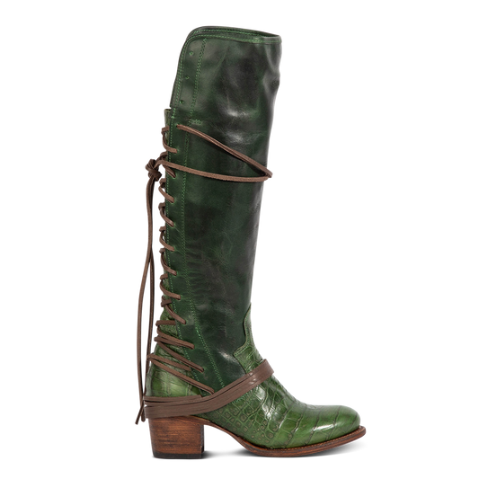 Front view showing shaft stitch detailing and wrap around lacing on FREEBIRD women's Coal green multi 
