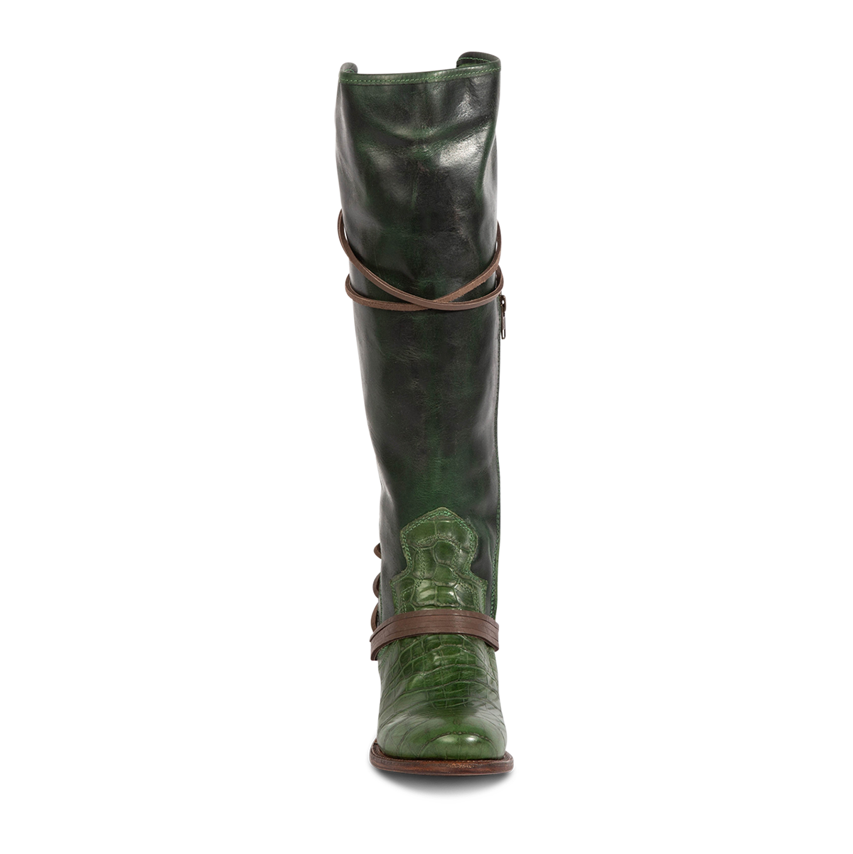 Front view showing shaft stitch detailing and wrap around lacing on FREEBIRD women's Coal green multi tall boot