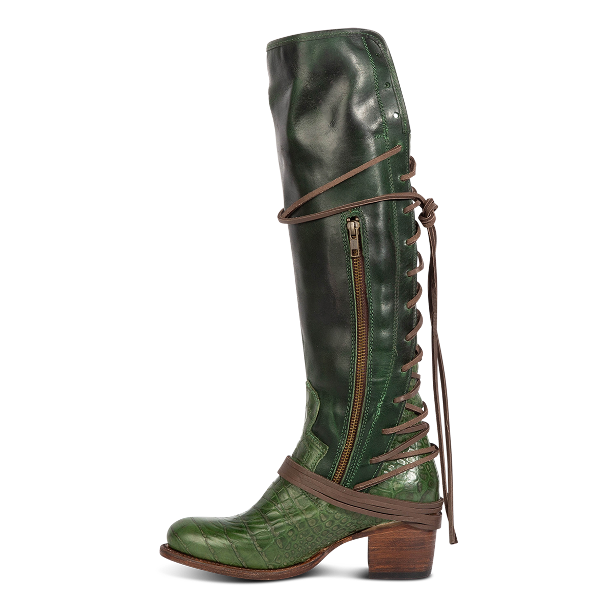 Inside view showing working brass zip closure and adjustable wrap around laces on FREEBIRD women's Coal green multi  tall boot