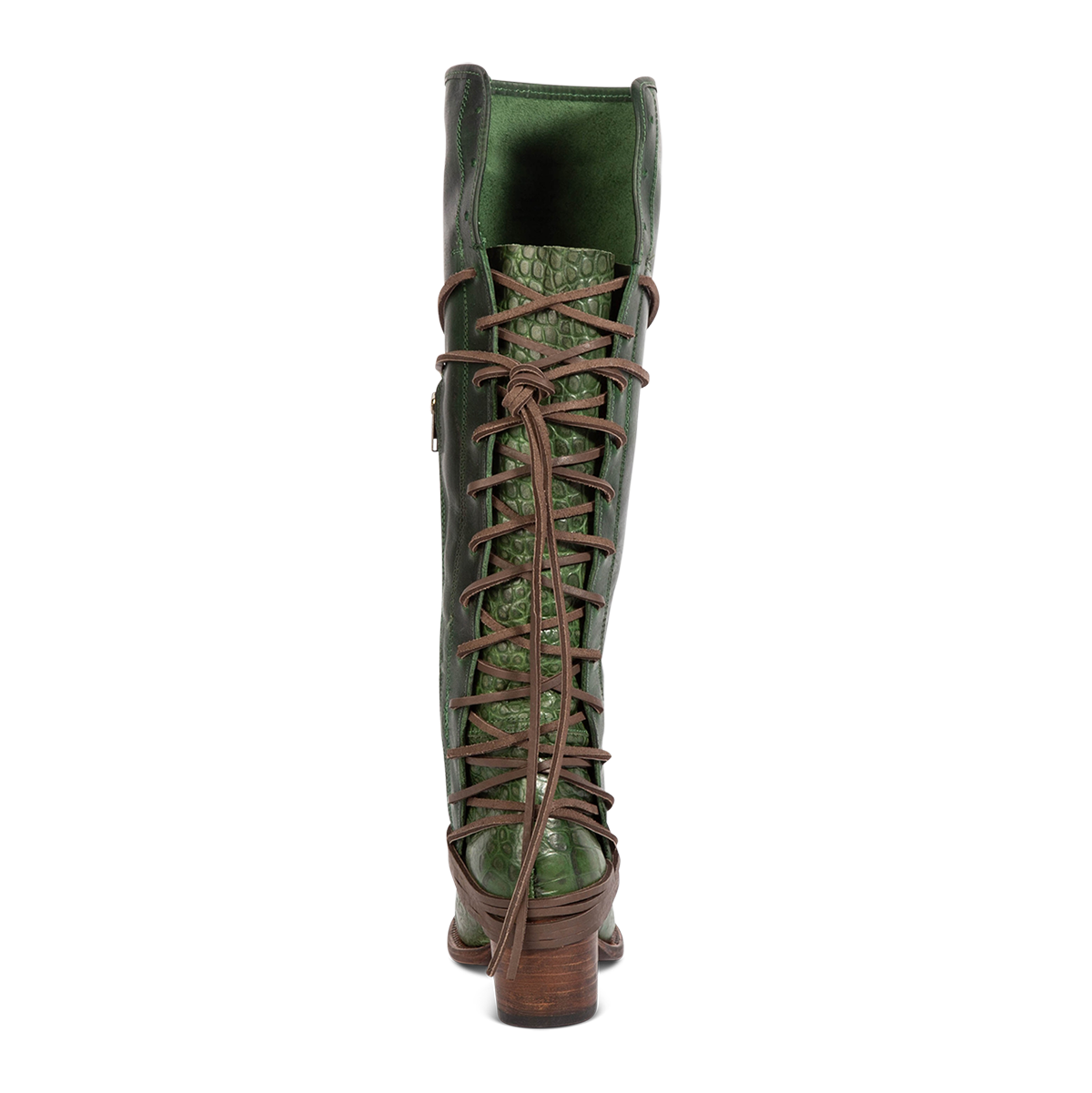 Back view showing expandable panel with adjustable leather lacing on FREEBIRD women's Coal green multi tall boot