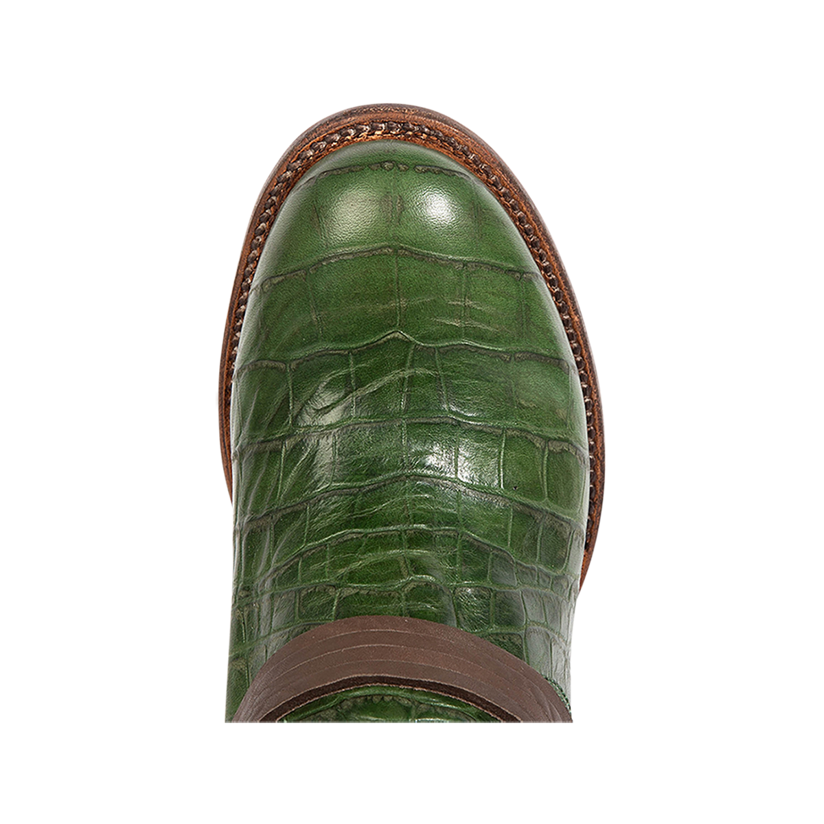 Top view showing round toe and leather ankle lacing on FREEBIRD women's Coal green multi tall boot