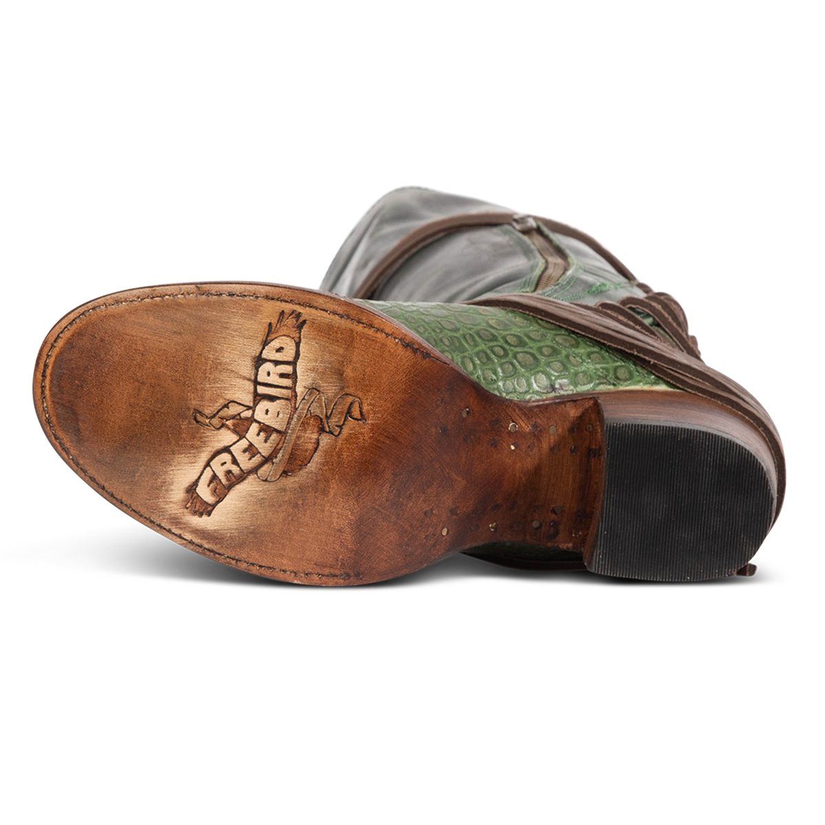 Leather sole imprinted with FREEBIRD on women's Coal green multi tall boot
