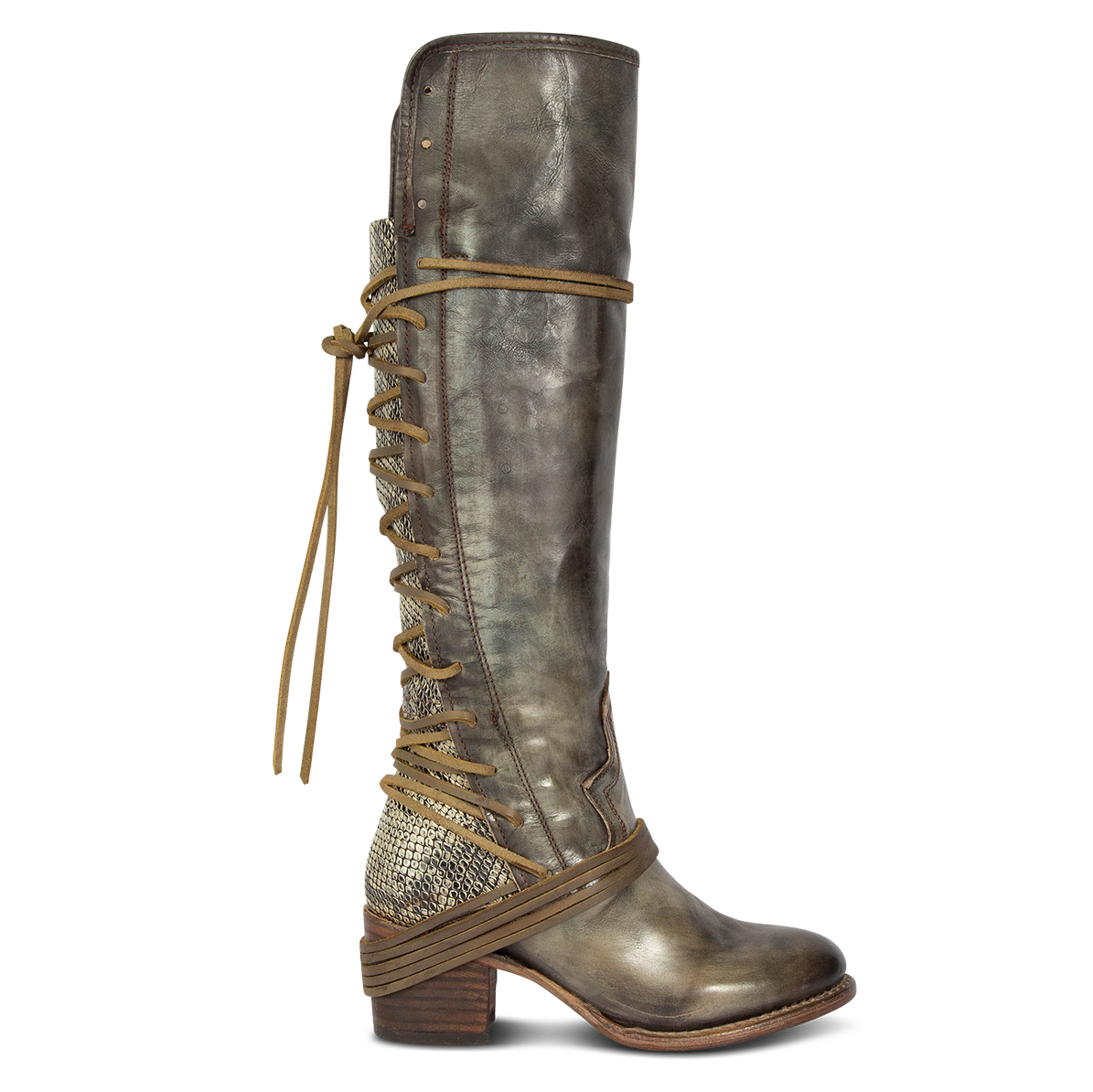 FREEBIRD women’s Coal green snake multi knee high adjustable back lacing boot